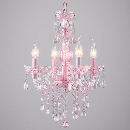 Mini Crystal Chandelier Pink Hardwire Flush Mount Lights Acrylic 4 Light Modern Pendant Light Fixtures for Girls Room