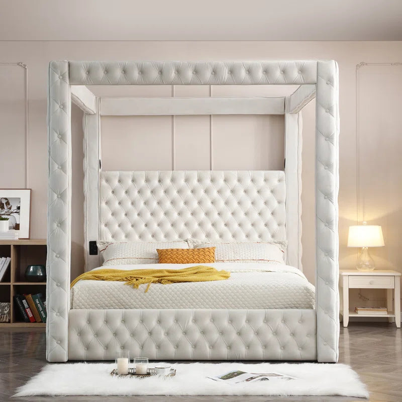 Jittender Luxurious Velvet Upholstered Canopy Bed with Speaker & USB Connection