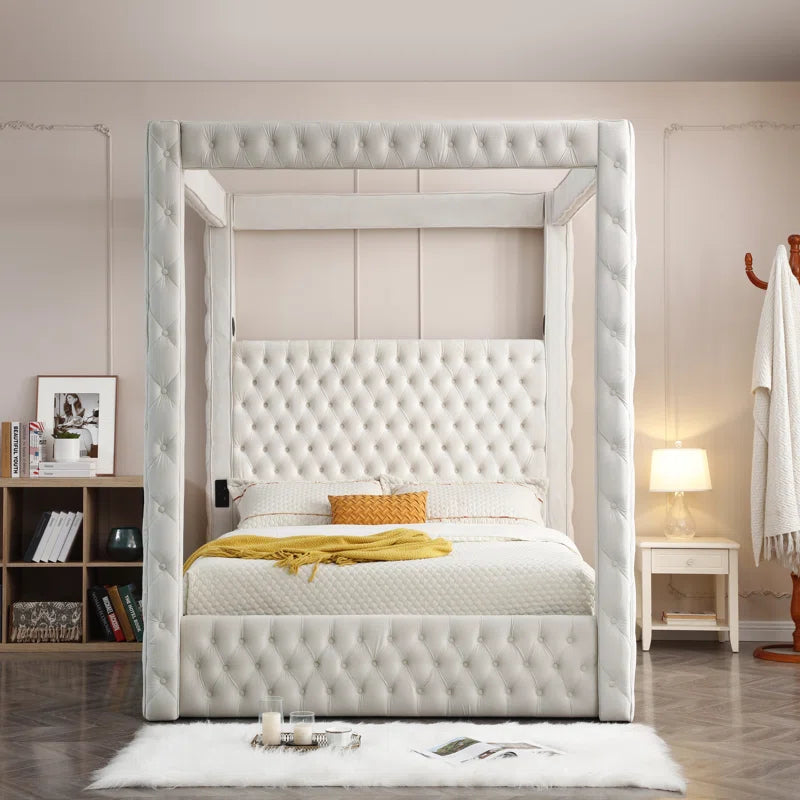 Jittender Luxurious Velvet Upholstered Canopy Bed with Speaker & USB Connection