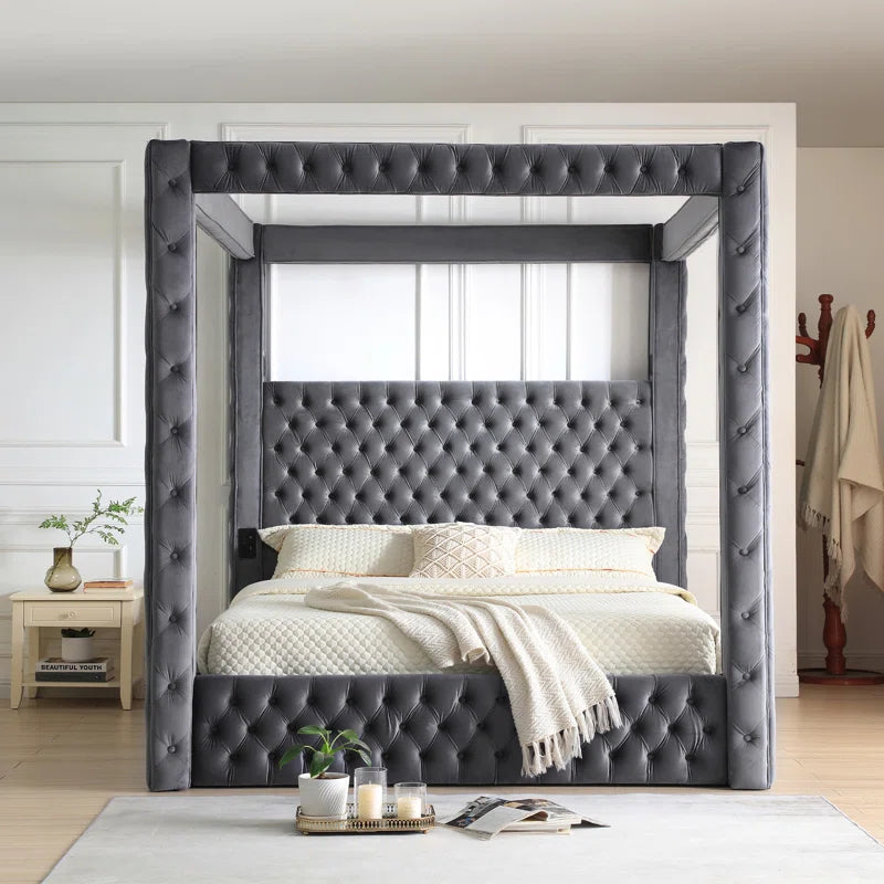 Jittender Luxurious Velvet Upholstered Canopy Bed with Speaker & USB Connection