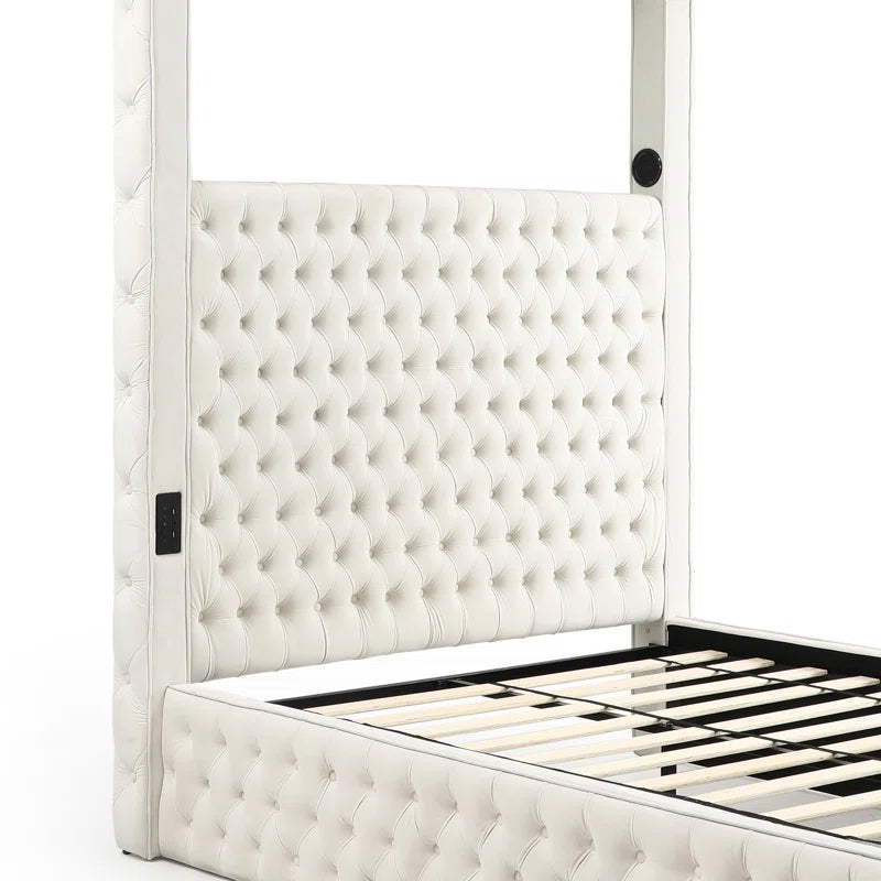 Jittender Luxurious Velvet Upholstered Canopy Bed with Speaker & USB Connection