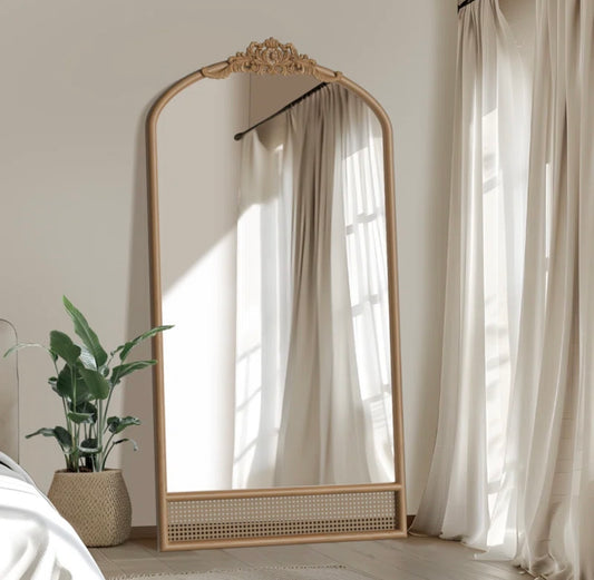 Arch Rattan Wood Mirror Carved Design