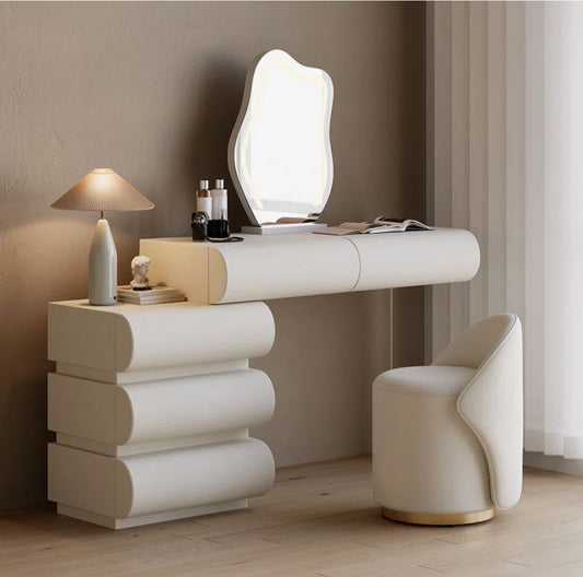 Humply Modern Makeup Vanity Set PU Leather Dressing Table with stool and led mirror