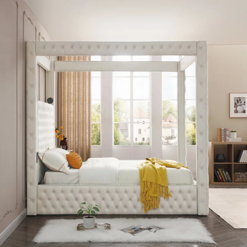 Jittender Luxurious Velvet Upholstered Canopy Bed with Speaker & USB Connection