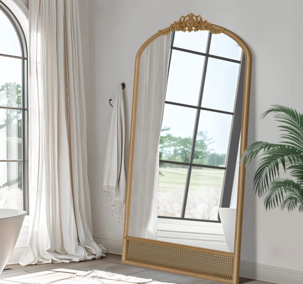 Arch Rattan Wood Mirror Carved Design