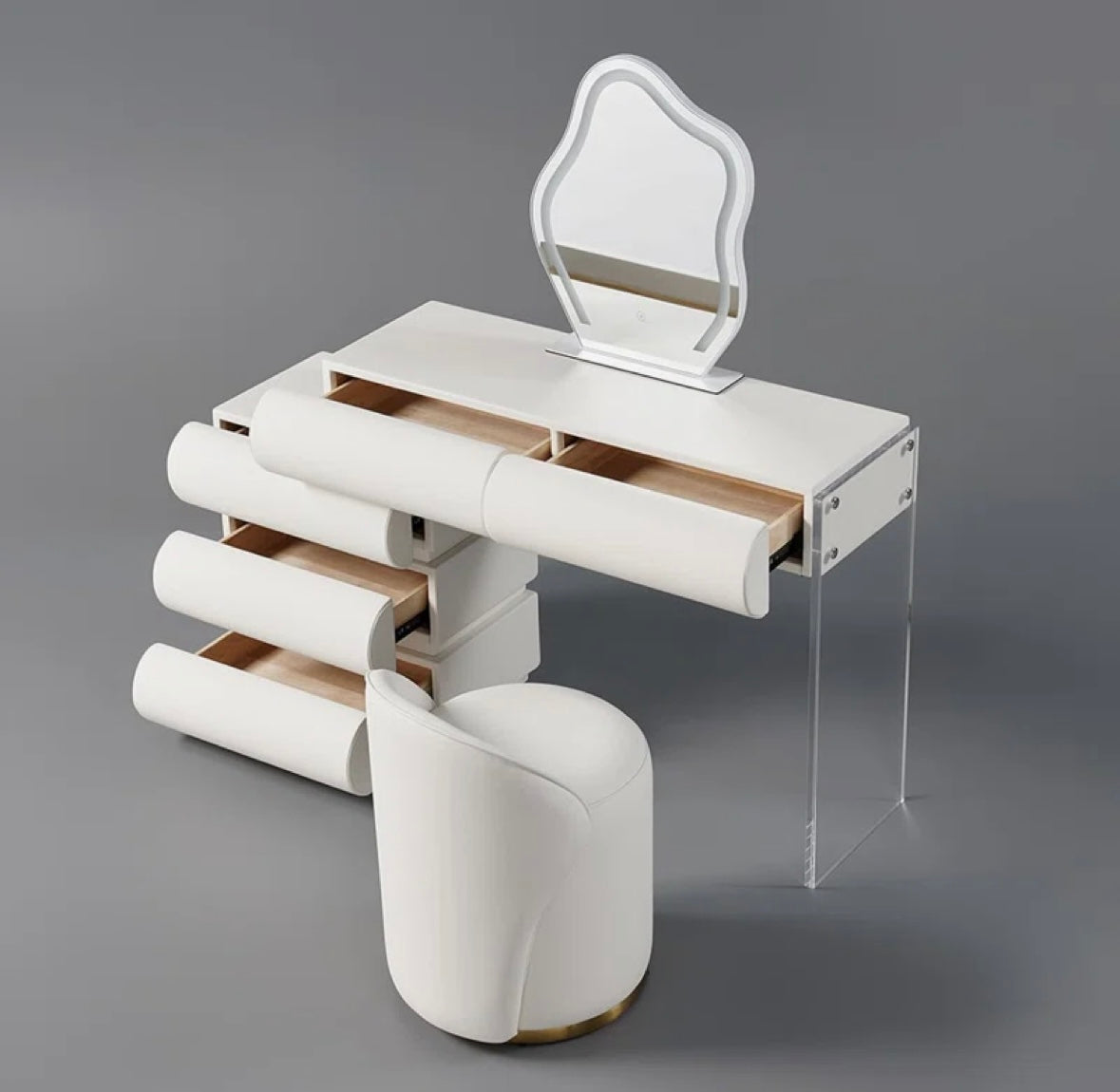 Humply Modern Makeup Vanity Set PU Leather Dressing Table with stool and led mirror