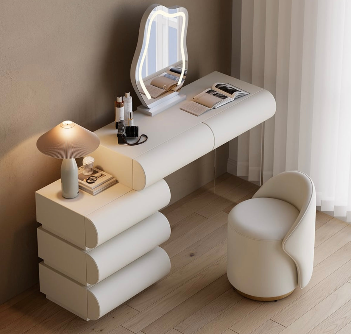 Humply Modern Makeup Vanity Set PU Leather Dressing Table with stool and led mirror