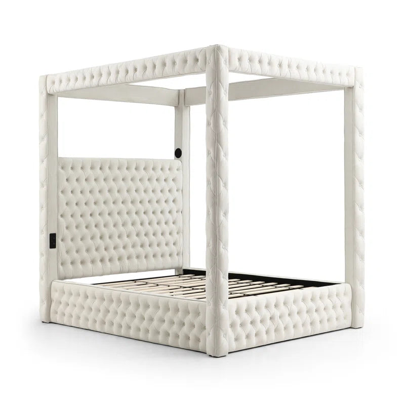Jittender Luxurious Velvet Upholstered Canopy Bed with Speaker & USB Connection